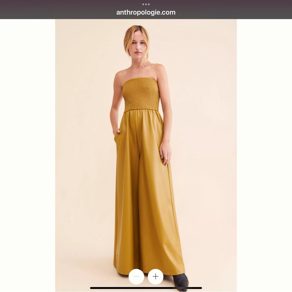Anthropologie Faux Leather Smocked Wide Leg Jumpsuit